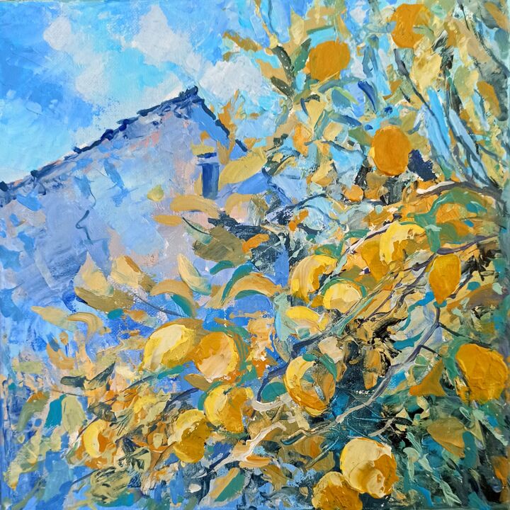 Картина под названием "Lemon Orchards 1" - Alena Masterkova, Подлинное произведение искусства, Акрил Установлен на Деревянна…