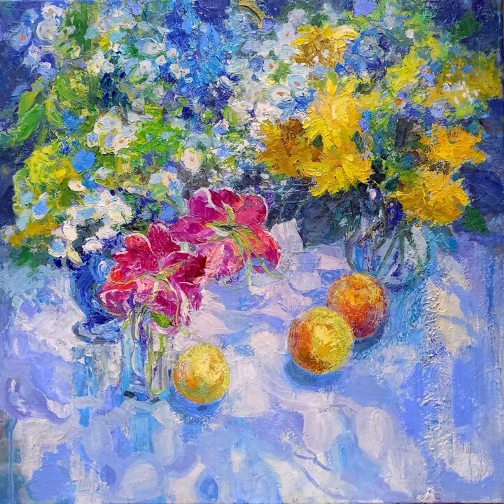 Картина под названием "Flowers of August" - Alena Masterkova, Подлинное произведение искусства, Масло Установлен на Деревянн…