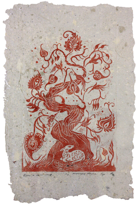 Gravures & estampes intitulée "агнец и семь птиц" par Alena Mihajlova (Eorina), Œuvre d'art originale, Linogravures