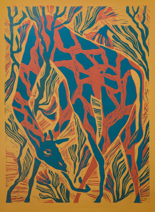 Printmaking titled "Жираф" by Alena Mihajlova (Eorina), Original Artwork, Linocuts