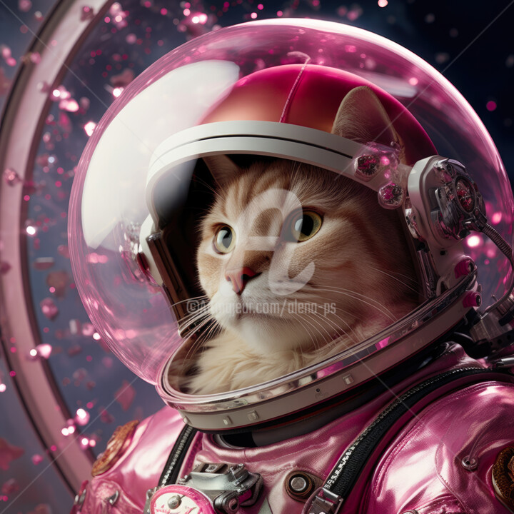 Digitale Kunst getiteld "Cosmo Barbie Cat" door Alena Ps, Origineel Kunstwerk, AI gegenereerde afbeelding