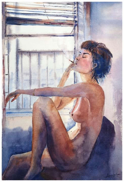 Painting titled "Девушка у окна" by Alena Ovchinnikova, Original Artwork, Watercolor