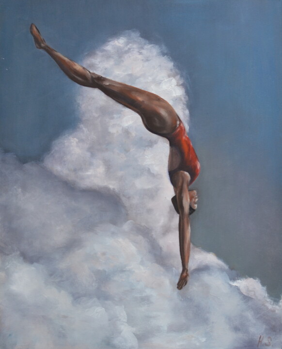 Pintura intitulada "Flight in the clouds" por Alena Sakalova, Obras de arte originais, Óleo Montado em Armação em madeira