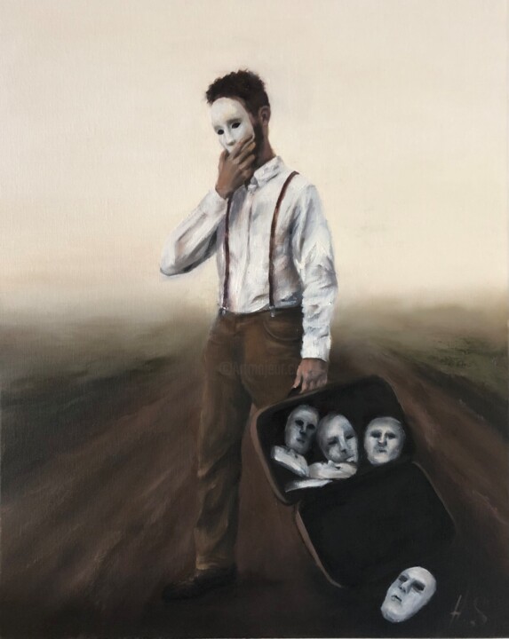 Painting titled "Our masks" by Alena Sakalova, Original Artwork, Oil Mounted on Wood Stretcher frame