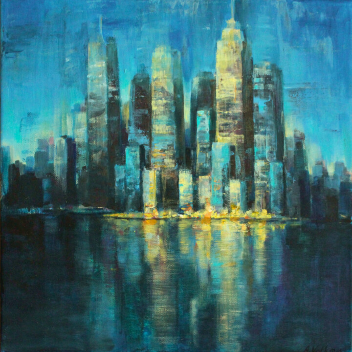 Malerei mit dem Titel "The blue town" von Alena Volkava, Original-Kunstwerk, Acryl
