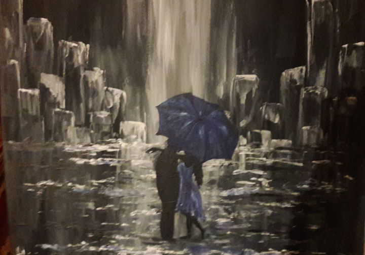 Malerei mit dem Titel "Влюбленные в дождь" von Alena Chernova, Original-Kunstwerk, Acryl
