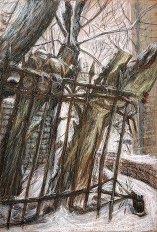 Рисунок под названием "Деревья у ограды" - Елена Горшкова, Подлинное произведение искусства