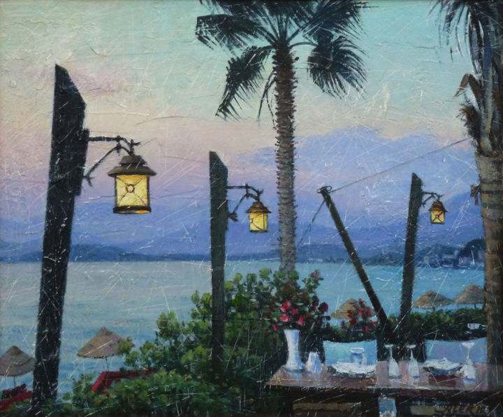 Картина под названием "В кафе у моря" - Aler, Подлинное произведение искусства, Масло