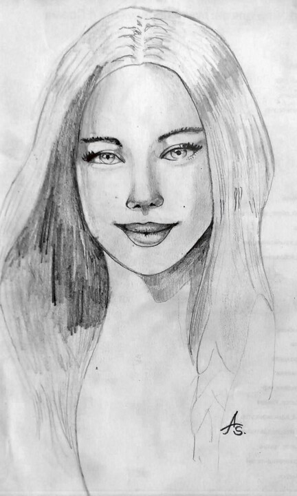 Zeichnungen mit dem Titel "Girl with smile" von Arthur Savachenko, Original-Kunstwerk, Bleistift