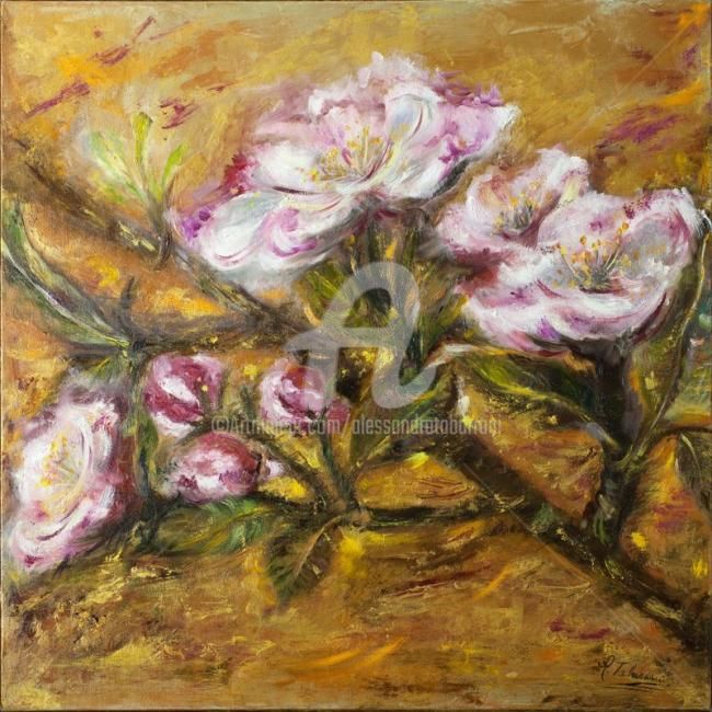 Painting titled "FIORE DI PESCO" by Alessandra Tabarrani, Original Artwork, Oil