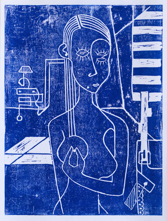 Printmaking titled "Valentine bleu" by Alessandro Flavio Bruno, Original Artwork, Linocuts