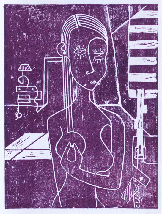 Prenten & gravures getiteld "Valentine violet" door Alessandro Flavio Bruno, Origineel Kunstwerk, Linosnede