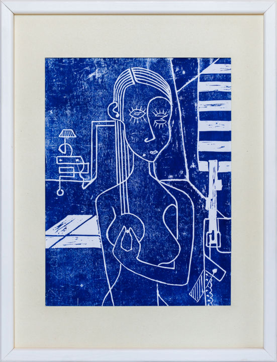 Printmaking titled "Valentine bleu 1" by Alessandro Flavio Bruno, Original Artwork, Linocuts Mounted on Other rigid panel