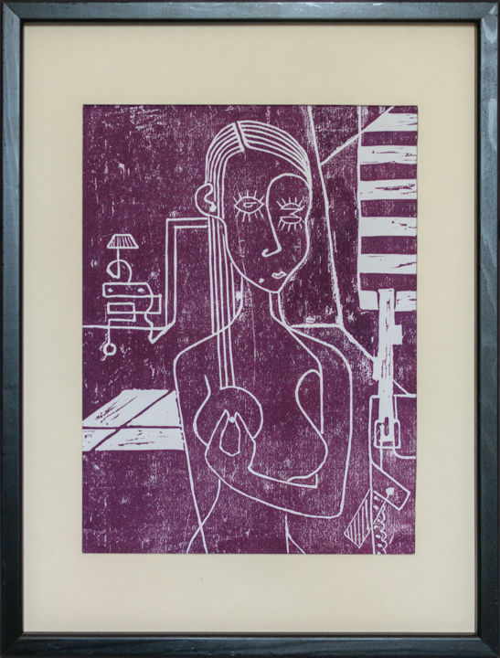 Gravures & estampes intitulée "Valentine violet 1" par Alessandro Flavio Bruno, Œuvre d'art originale, Linogravures Monté su…