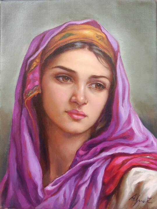 Painting titled "La donna col foular…" by Alessandro Granata, Original Artwork, Oil