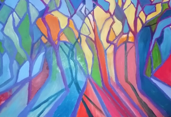 Painting titled "Il bosco colorato" by Alessandro Serafini, Original Artwork, Oil