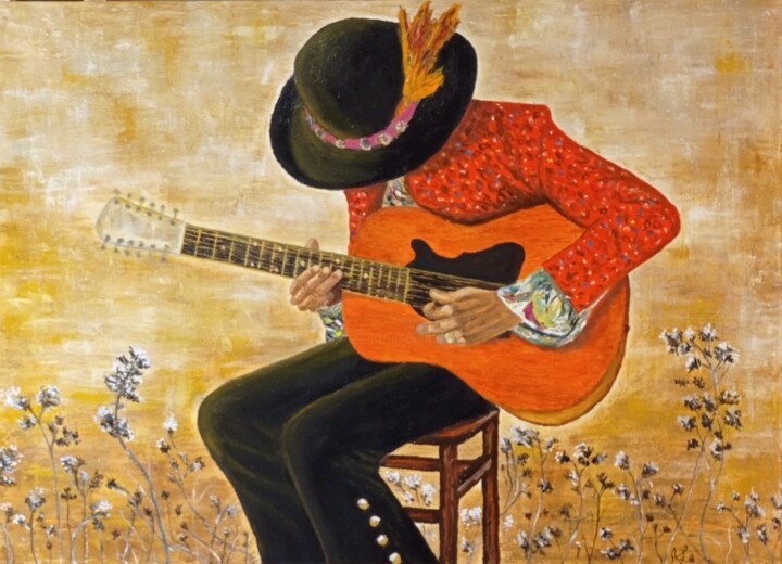 Ζωγραφική με τίτλο "Jimi in acoustic" από Alessio Levorato, Αυθεντικά έργα τέχνης, Λάδι
