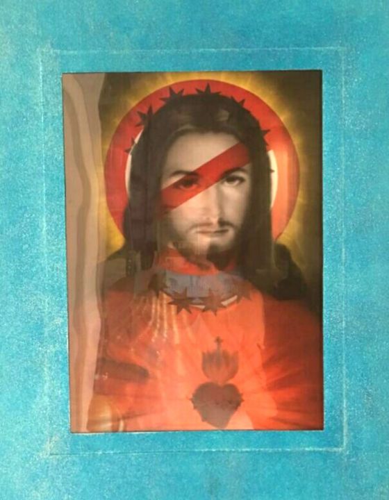 Collages intitolato "Jesus Interdetto" da Alessio Brugnoli Colors, Opera d'arte originale, Collages Montato su Altro pannell…