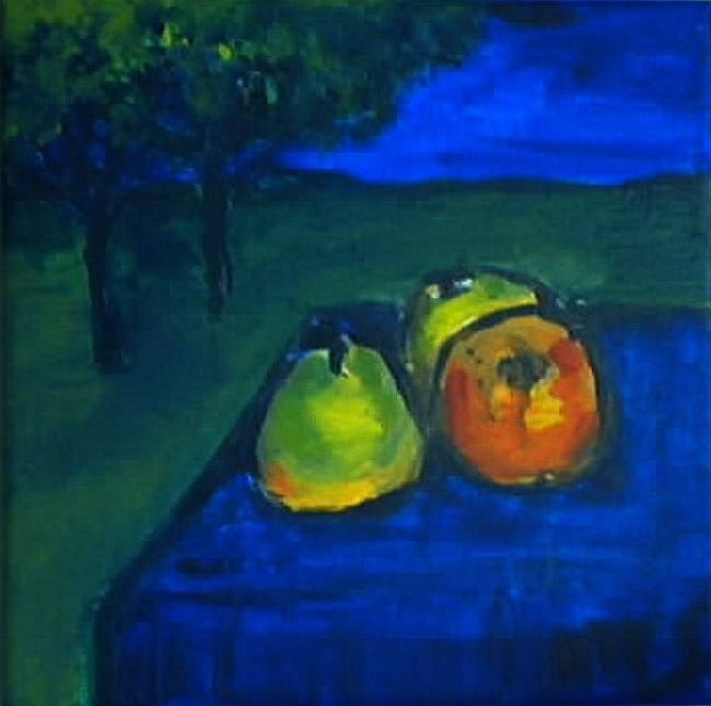 Painting titled "Trois Fruits" by Aletta Mes, Original Artwork