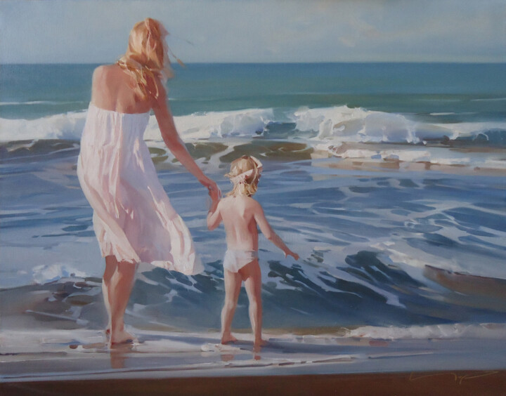 Painting titled "Counting the waves" by Alex Chernigin, Original Artwork, Oil Mounted on Wood Stretcher frame
