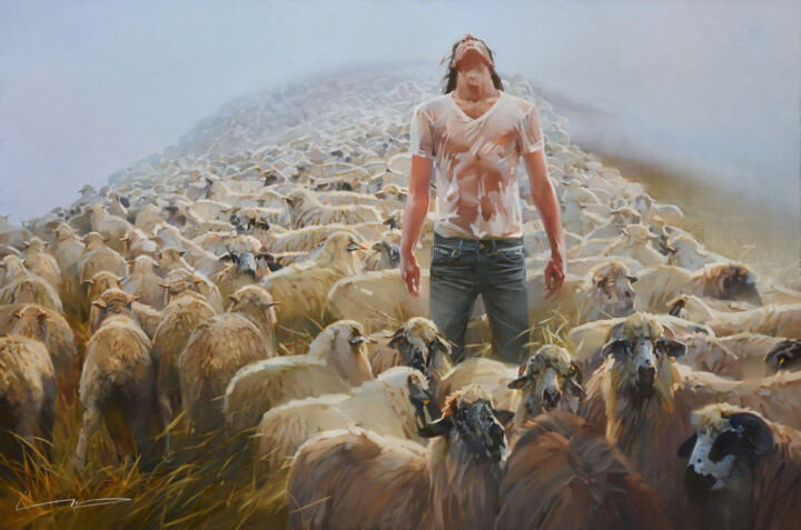 Painting titled "Shepherd" by Alex Chernigin, Original Artwork, Oil Mounted on Wood Stretcher frame