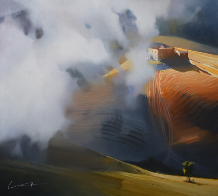 Schilderij getiteld "Higher than clouds" door Alex Chernigin, Origineel Kunstwerk, Olie Gemonteerd op Frame voor houten bran…