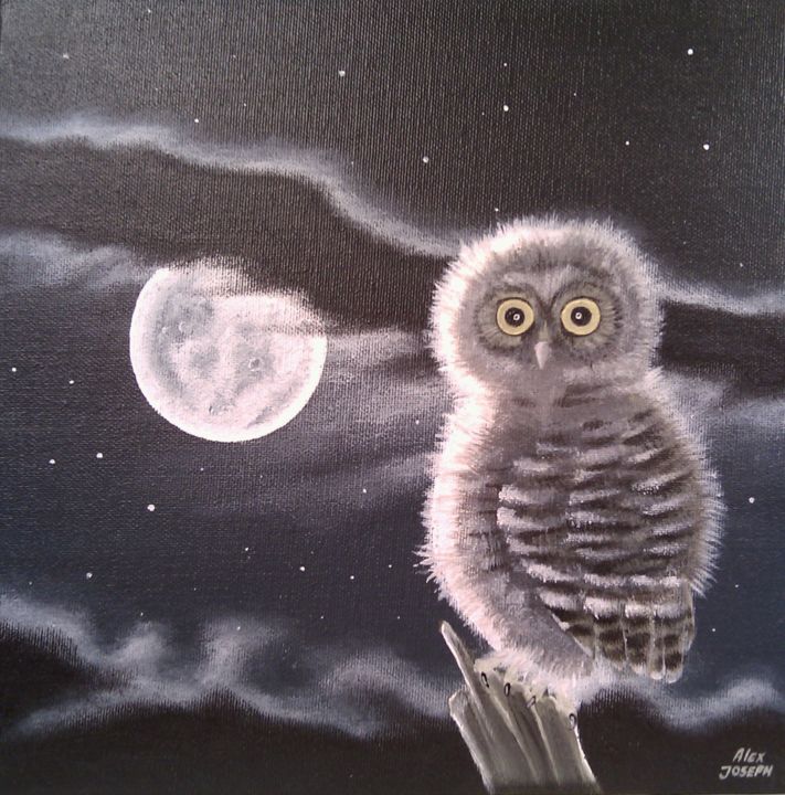 Peinture intitulée "little-owl-in-the-m…" par Alex Joseph, Œuvre d'art originale, Acrylique