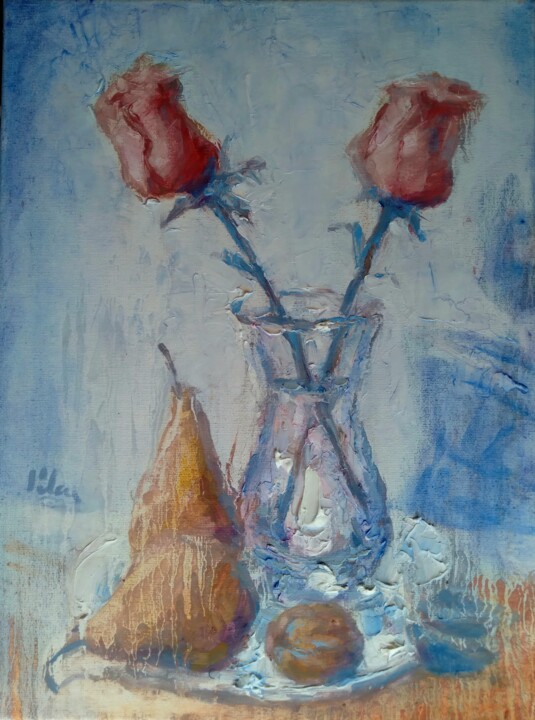 Painting titled "Pink roses" by Alex Klas, Original Artwork, Oil Mounted on Wood Stretcher frame
