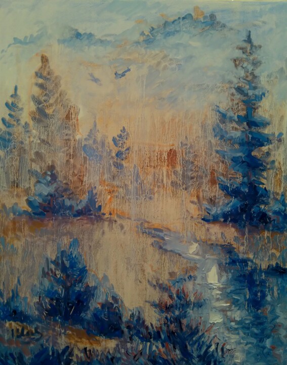 Painting titled "Forest stream" by Alex Klas, Original Artwork, Oil Mounted on Wood Stretcher frame