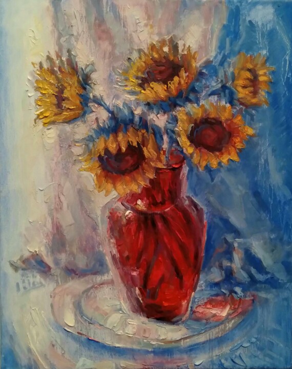 Painting titled "Sunflowers" by Alex Klas, Original Artwork, Oil Mounted on Wood Stretcher frame