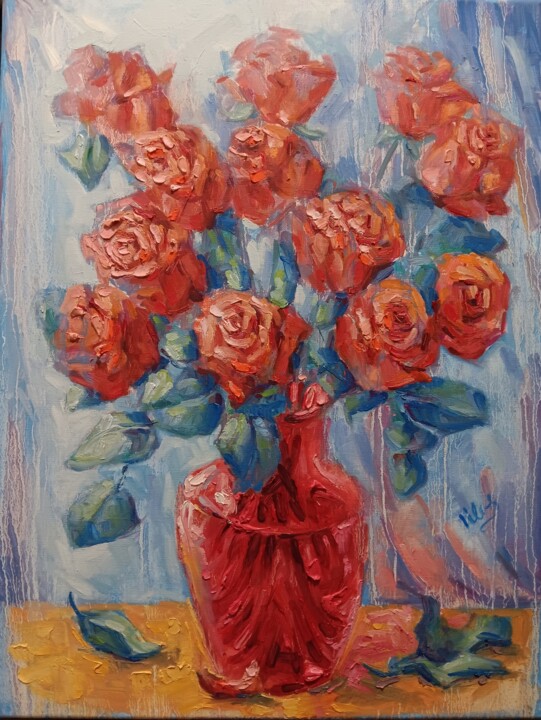 Painting titled "A dozen roses |" by Alex Klas, Original Artwork, Oil Mounted on Wood Stretcher frame
