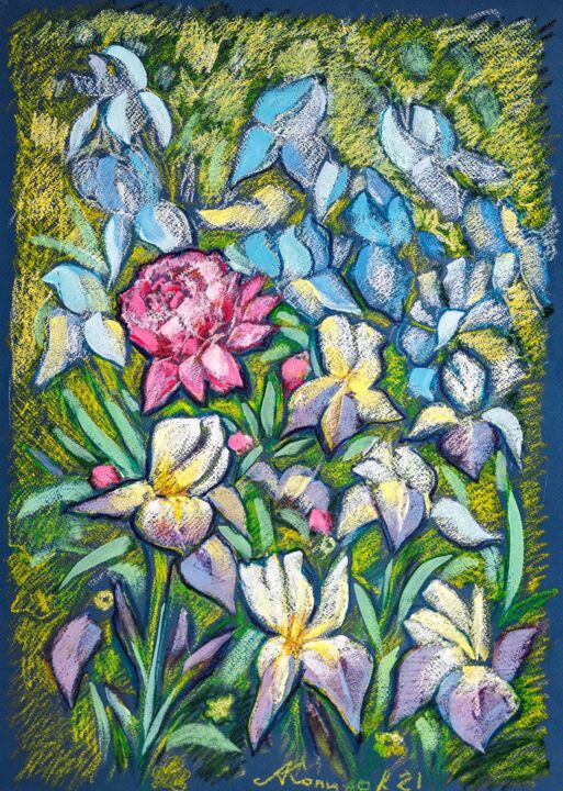 Drawing titled "Irises" by Alex Kopylov, Original Artwork, Pastel Mounted on Cardboard