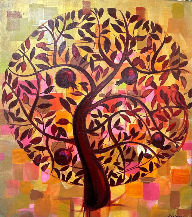 Painting titled "Pomegranate tree- a…" by Alex Loreci, Original Artwork, Acrylic