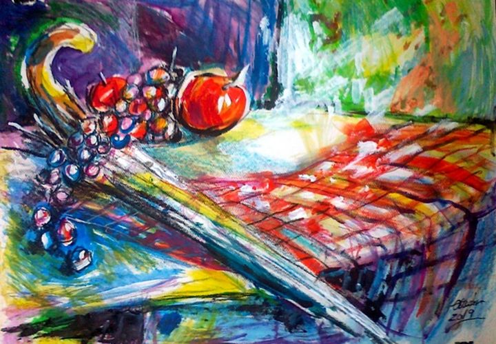 Pittura intitolato "Umbrella and tablec…" da Alex Ottmár, Opera d'arte originale, Acquarello