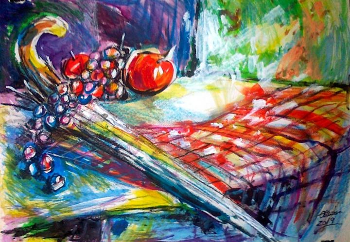 Painting titled "Umbrella and tablec…" by Alex Ottmár, Original Art, Watercolor