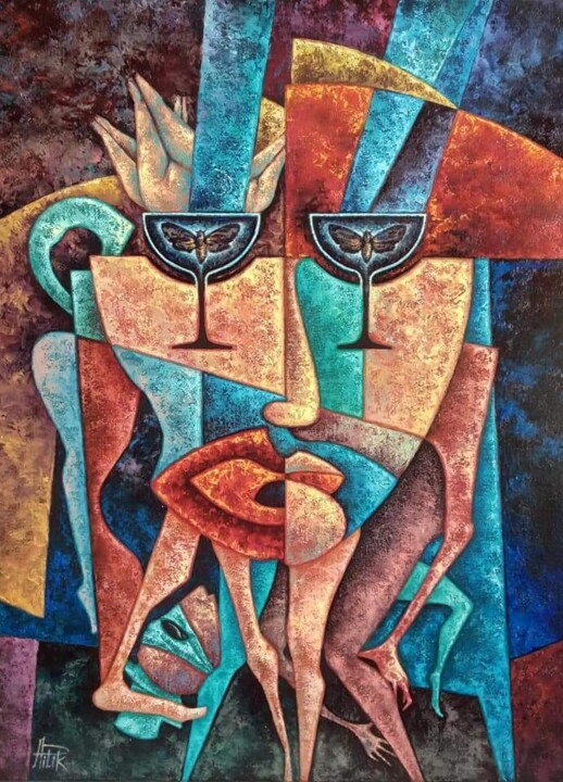 Картина под названием "Two glasses for Nap…" - Alex Pilik, Подлинное произведение искусства, Масло Установлен на Деревянная…