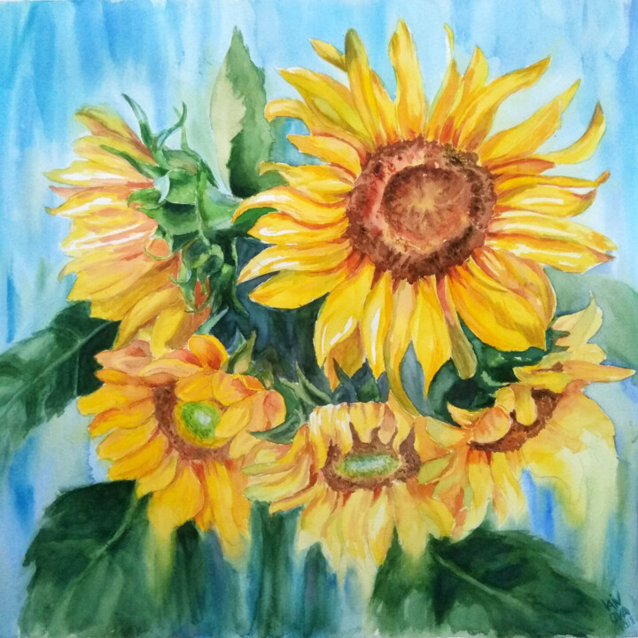 Картина под названием "Sunflowers" - Alex Vainova, Подлинное произведение искусства, Акварель