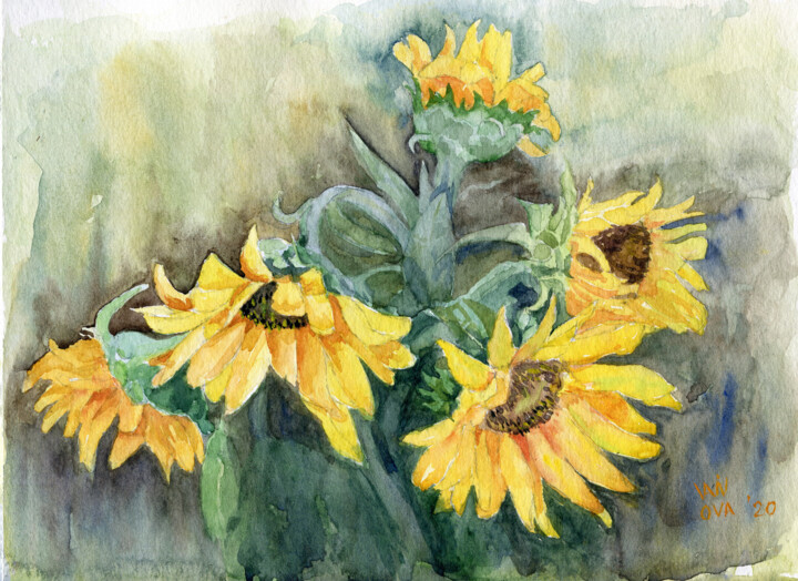 Картина под названием "Sunflowers from the…" - Alex Vainova, Подлинное произведение искусства, Акварель