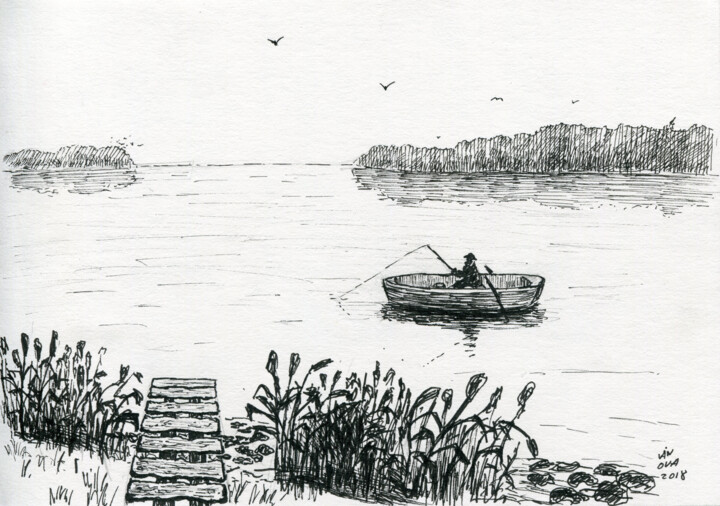 Dessin intitulée "fisherman on the la…" par Alex Vainova, Œuvre d'art originale, Encre