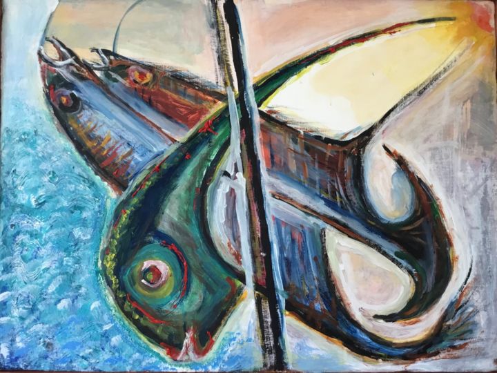 Картина под названием "Натюрморт с рыбами…" - Альберт Бектемиров (Алекс Цветов), Подлинное произведение искусства, Акрил Уст…