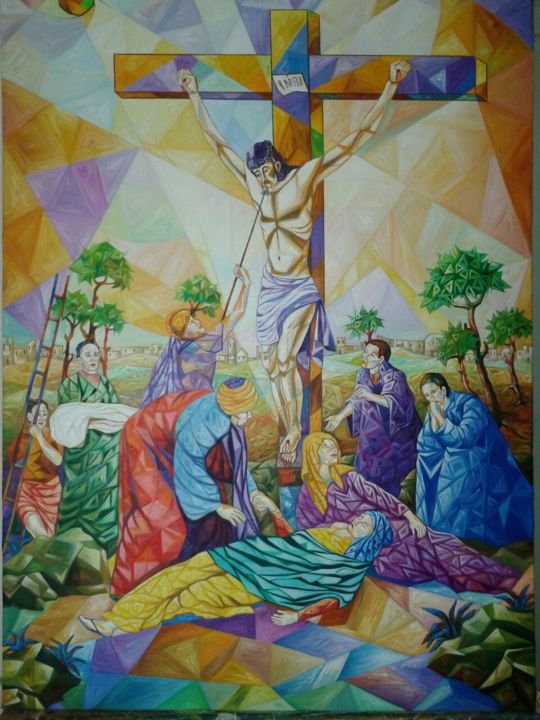 Malerei mit dem Titel "La Crucifixión" von Alex Gracia, Original-Kunstwerk, Öl