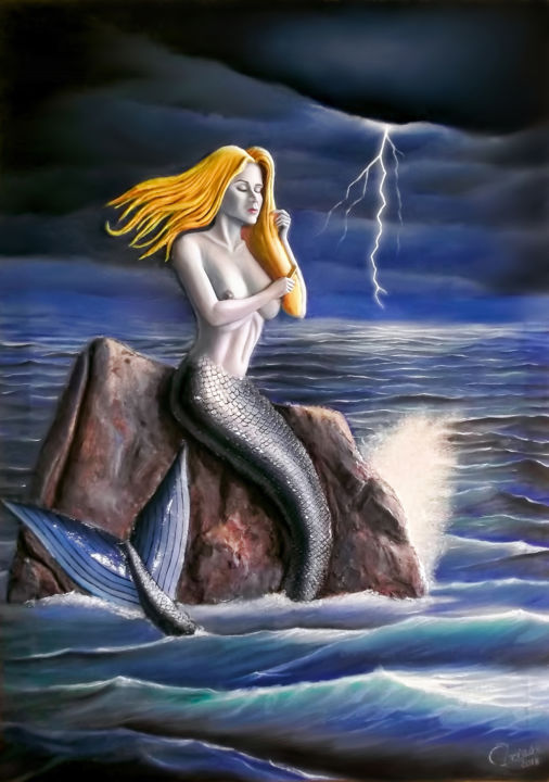 Painting titled "la sirena peinándose" by Alexander Arias, Original Artwork, Oil