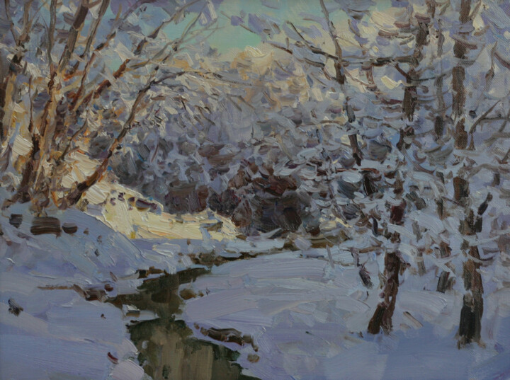 Painting titled "Winter creek" by Alexander Babich, Original Artwork, Oil