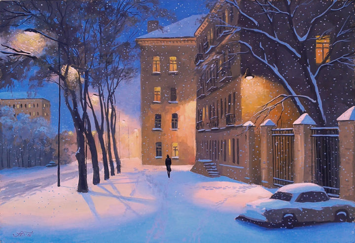 Schilderij getiteld "Winter Evening in t…" door Aleksandr Bolotov, Origineel Kunstwerk, Olie