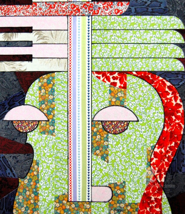 Textilkunst mit dem Titel "Музыкальный критик" von Alexander Breskin, Original-Kunstwerk, Collagen Auf Karton montiert