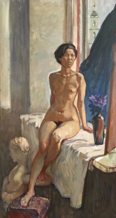 Painting titled ""Девушка на подокон…" by Alexander Ganshin, Original Artwork, Oil