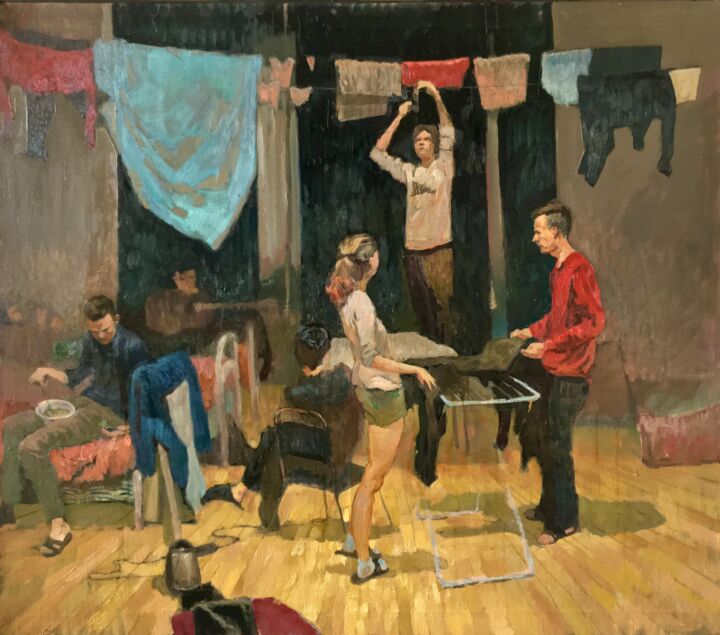 Painting titled ""Вечер субботы в об…" by Alexander Ganshin, Original Artwork, Oil Mounted on Wood Stretcher frame