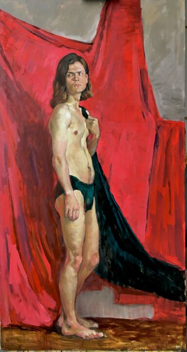 Pittura intitolato ""Юноша на красном"" da Alexander Ganshin, Opera d'arte originale, Olio Montato su Barella di tela