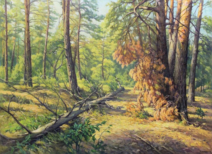Peinture intitulée "Pine forest" par Aleksandr Kusenko, Œuvre d'art originale, Huile