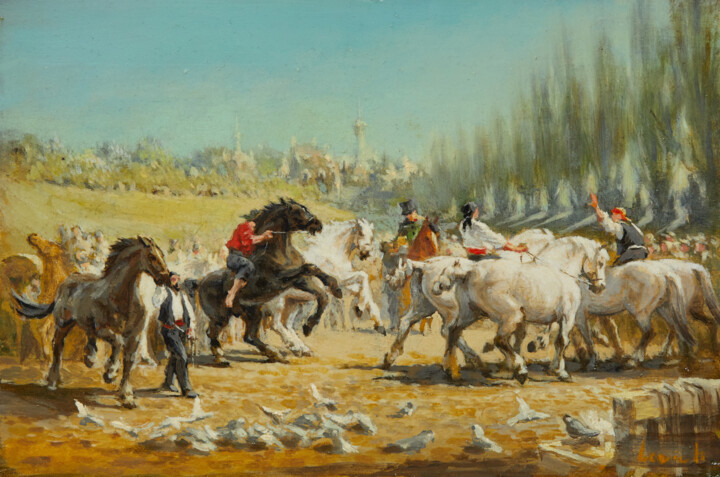 Painting titled "The Horse Fair" by Alexander Levich, Original Artwork, Oil
